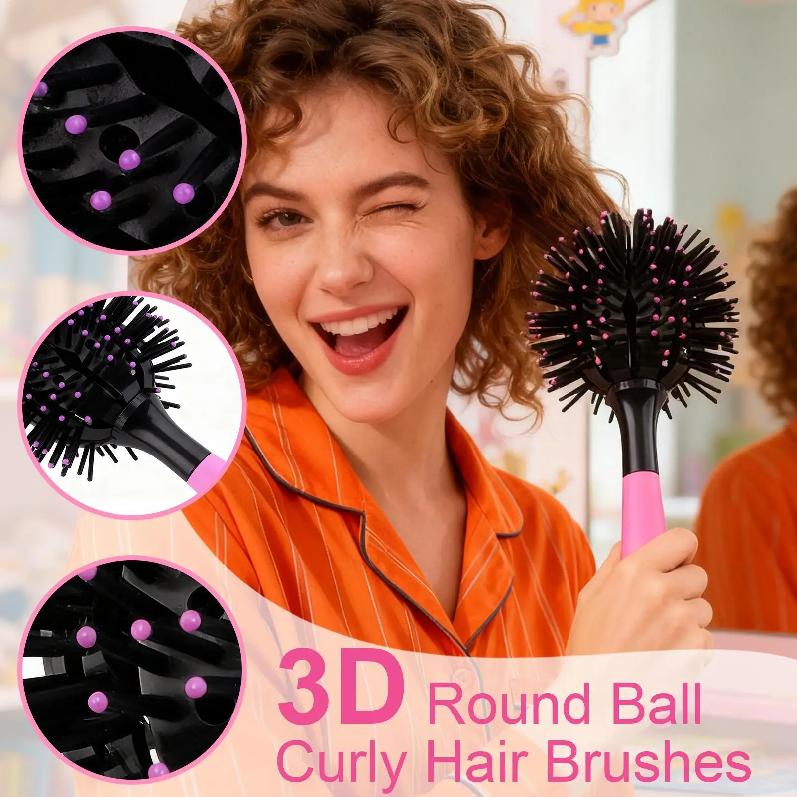 Runde Styling-Haarbürste, 3D-runde Haarbürsten, Kamm, entwirrende Haarbürste, Salon, sphärische Kugelbürste für dickes, lockiges Haar