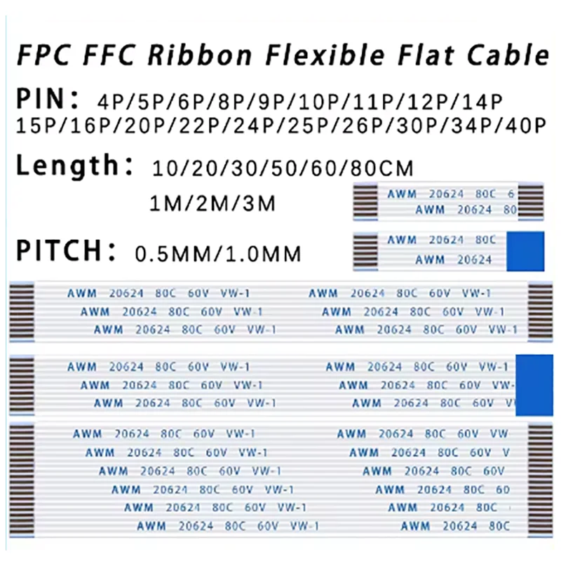 10PCS FPC FFC Ribbon Flexible Flat Cable 4/6/8/10/12/14/16/18/20/24/30/34/40/50/60P Pin Pitch 1.0MM A-Type Wire