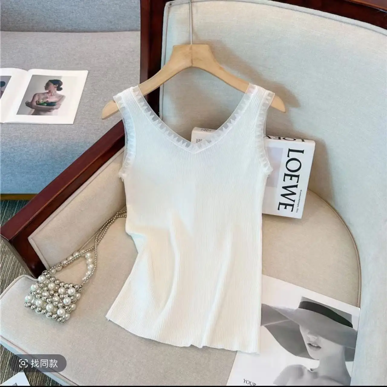 Rippstrick-Tanktop mit Spitzenbesatz, dehnbares, ärmelloses, tailliertes Leibchen für Damen, Sommer-Basic-Chic-Outfit