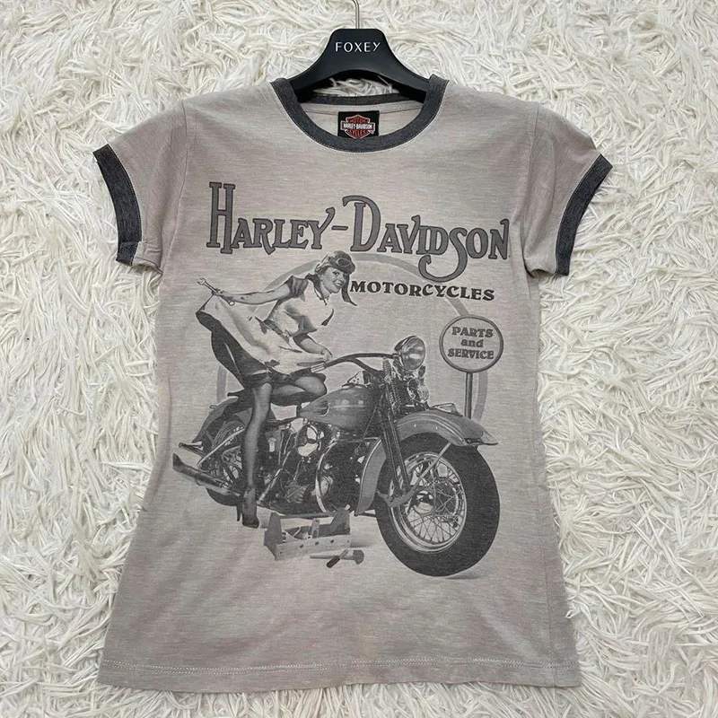 Y2K motorcycle pattern printed garbage girl summer high-end gray top slim fit 2000s Harajuku Gothic short sleeved T-shirt retro