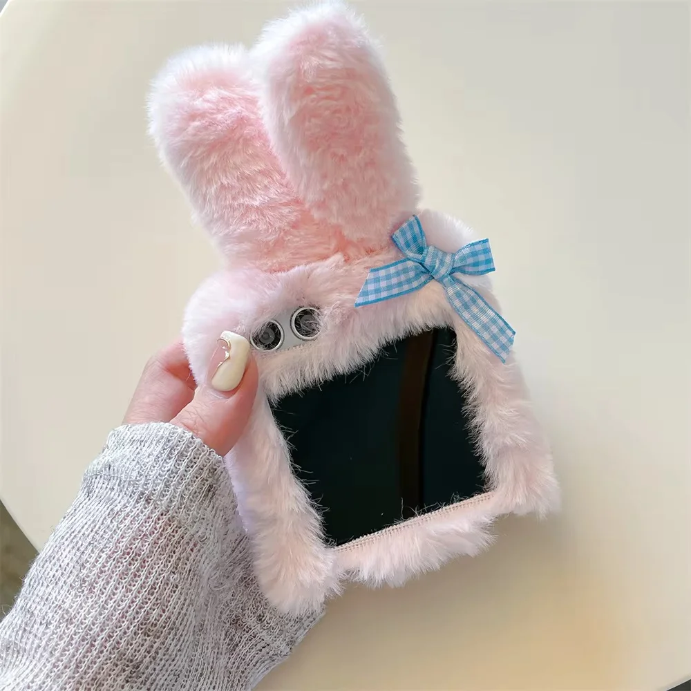 Cute Bow Bunny Folding Fur Case for Samsung Galaxy Z Flip Fold 3 4 5 6 Plush Embroidered 3D Cartoon Rabbit Phone Cover