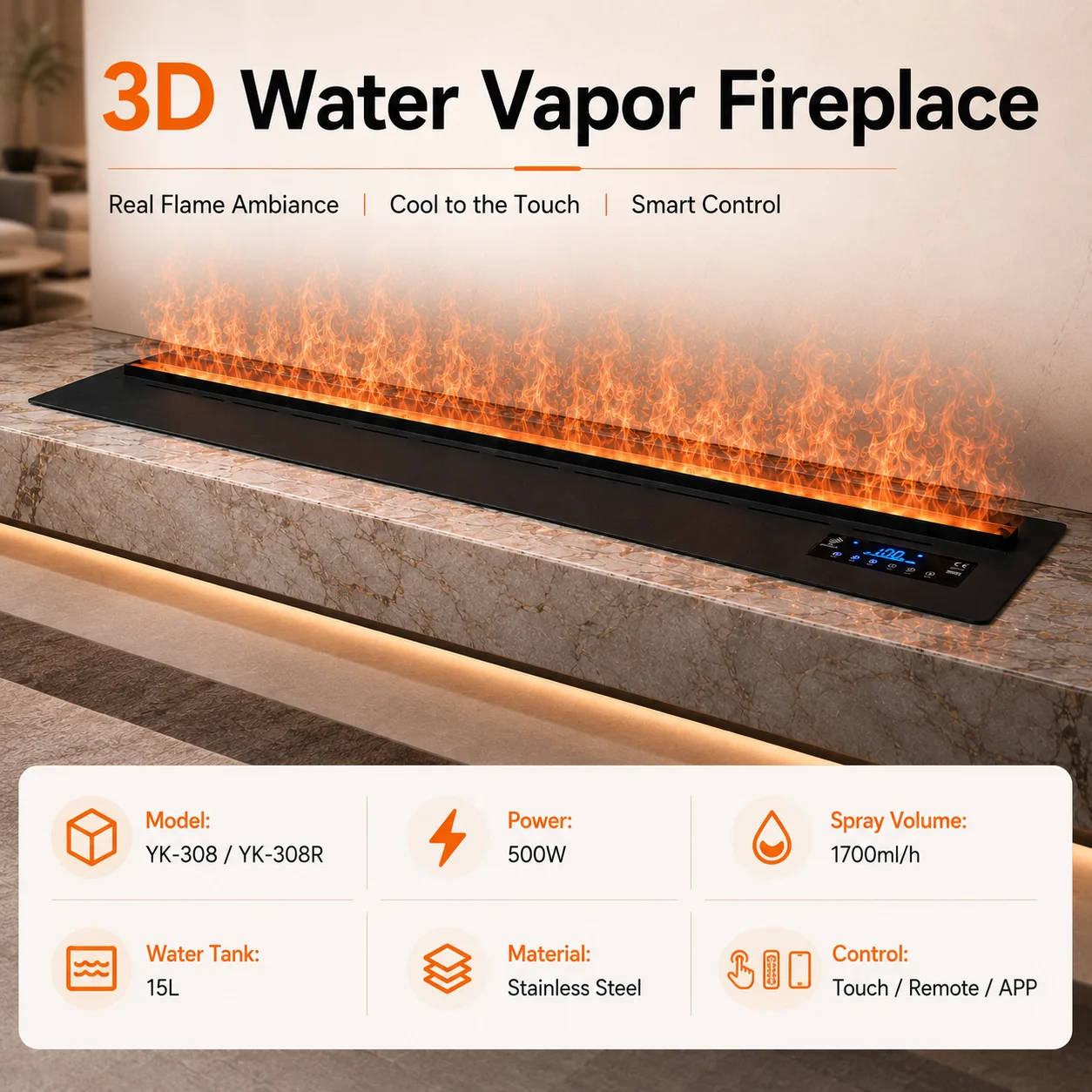 Modern Linear Water Vapor Fireplace 240cm Electric Steam Fire Insert Adjustable Flame Stainless Steel Living Room Hotel Use OEM