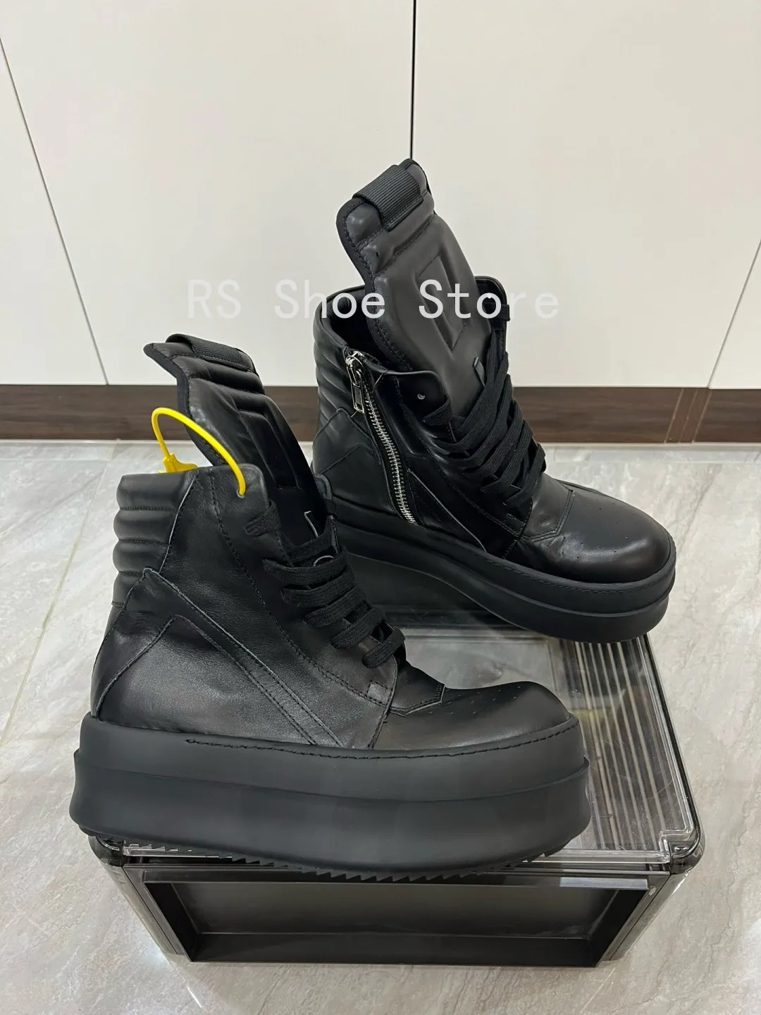 

Ro Classic Designer Men Shoe Women Sneaker Full Black Leather Ankle Boot o-wen High Top Casual Shoes Zipper 6cm Thick Sole Boots