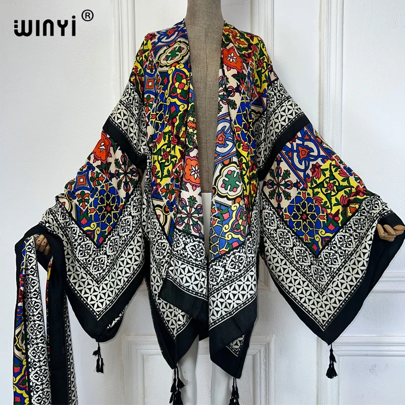 WINYI Summer print kimono Women Cardigan stitch robe sexy Boho Maxi African Holiday Batwing Sleeve cotton feeling Robe dress