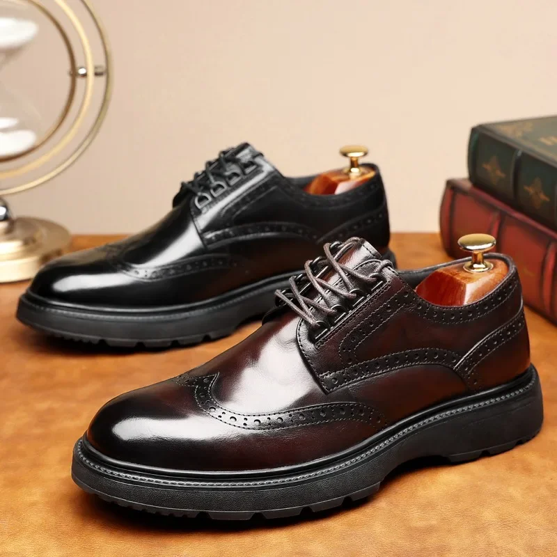 

New Luxury Men's Leather Shoes Genuine Leather Casual Thick Sole Business Dress Lace Up Derby Shoes Male Flats Black Brown