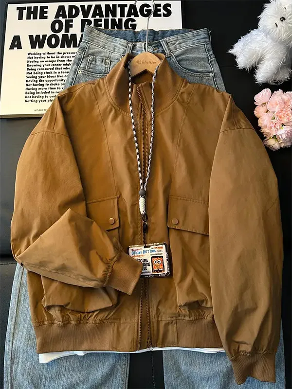 

Brown ort Flight Jaet Men's Spring Faionable Youth ulari Loose Fit Retro Sle Zipper Closure Stand Collar Workwear