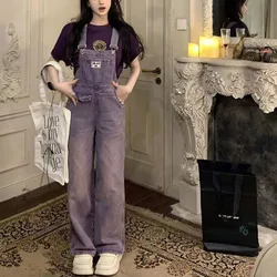 Youth Series Women Vintage Niche Purple Cowboy Summer Loose New Korean Solid Casual Wide Legs Office Lady Affordable Rompers