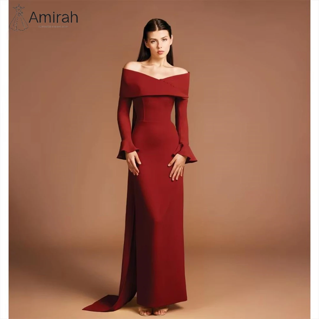 

Amirah Custom Made Party Dress for Wedding Ball Gowns Fish Tail Off-shoulder Long Sleeves Evening Dresses Luxury 2025 Red Satin