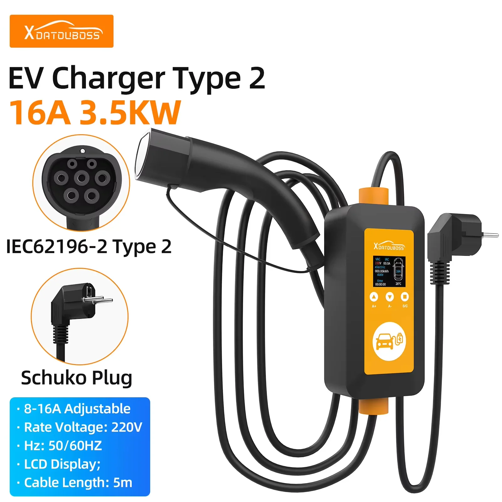 

Портативное зарядное устройство для электромобилей 16А Type2 IEC62196-2 GBT 16A 3,6 кВт EVSE Charge EU Plug Wallbox для электромобиля 8-16A Регулируемый