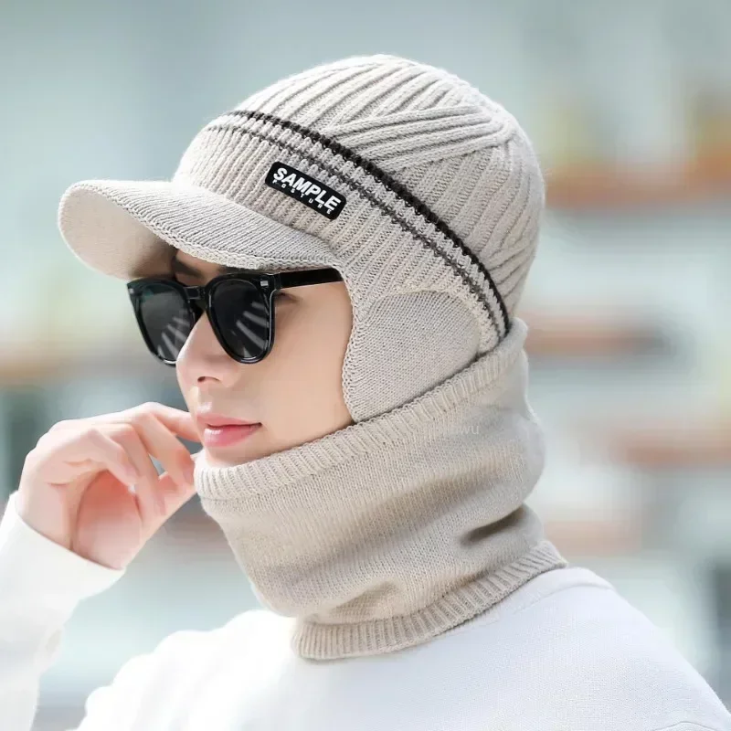 Winter Knitted Visor Hat for Men Pullover Hat Scarf Ski Mask Fleece Lined Women Thick Warm Beanie Hat Balaclava Knitted Hats Cap