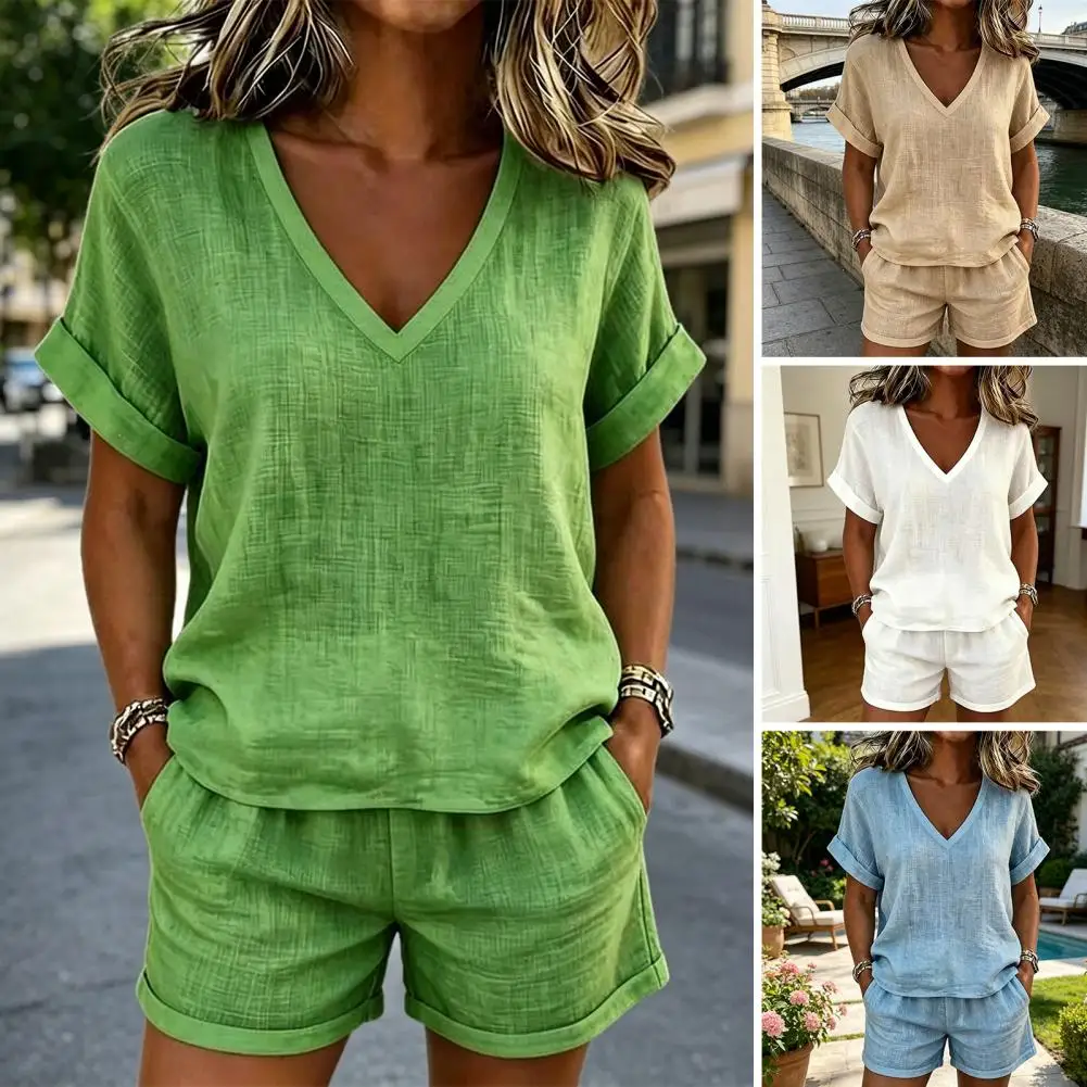 

Lightweight Women's Matching Clothes Women's Matching Outfit Summer 2 Piece Sets for Women V Neck Short Sleeve Top Shorts Lounge