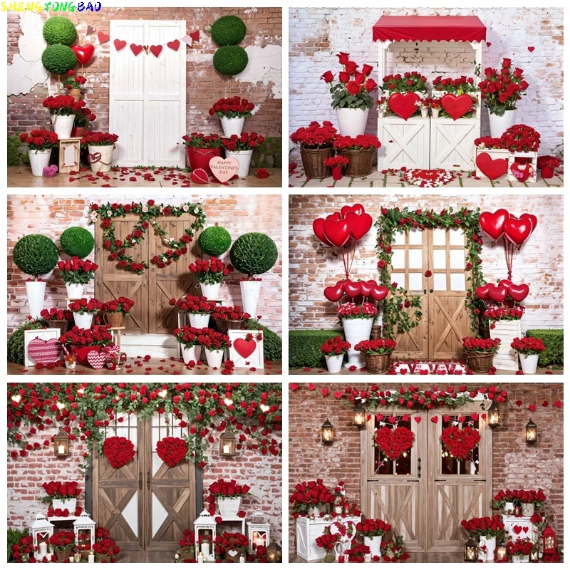 

Valentines Day Backdrop Red Rose Vintage Wooden Doors Brick Wall Background for Photography Wedding Valentine Party Decor