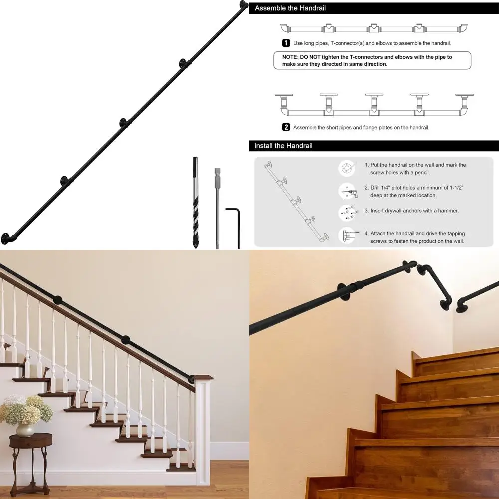 درابزين درج المزرعة على الطراز الصناعي بطول 14 قدمًا، درابزين أنبوبي بقطر 1-1/4 بوصة لدعم الدرج والجدار #1