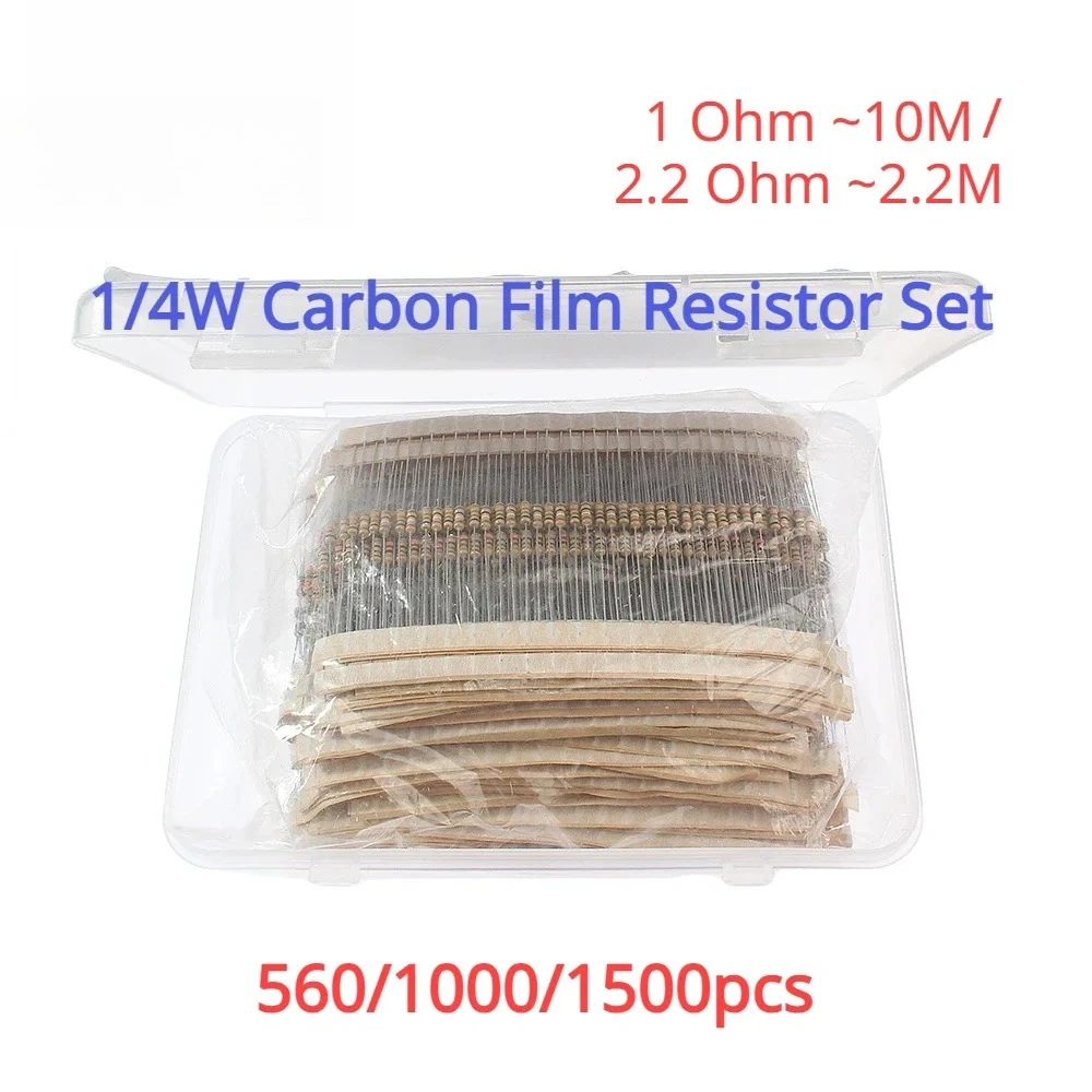 

560/1000PCS 0.25W Carbon Film Resistor Assortment Kit 1Ω To10MΩ 2.2Ω To 2.2MΩ 5% Electronics Components Pack for DIY Projects