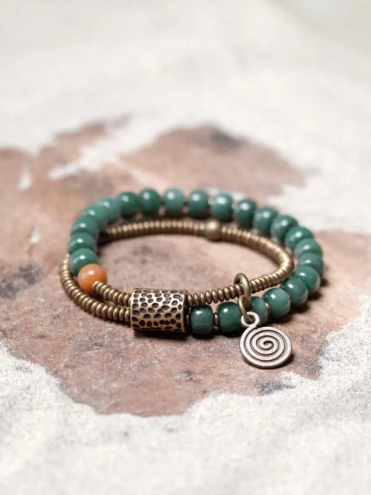 Retro Ethnic Green Natural Bodhi Beaded Yule Beads Retro Bracelet Women's Double-Layer Personalized Artistic Casual Hand String