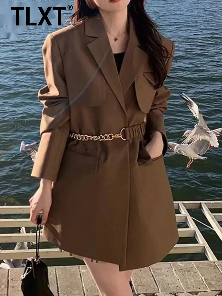 

TLXT темпераментный повседневный пиджак, пальто для женщин, весна-осень 2023, новый пиджак трапециевидной формы с цепочкой и тонким поясом, женская одежда