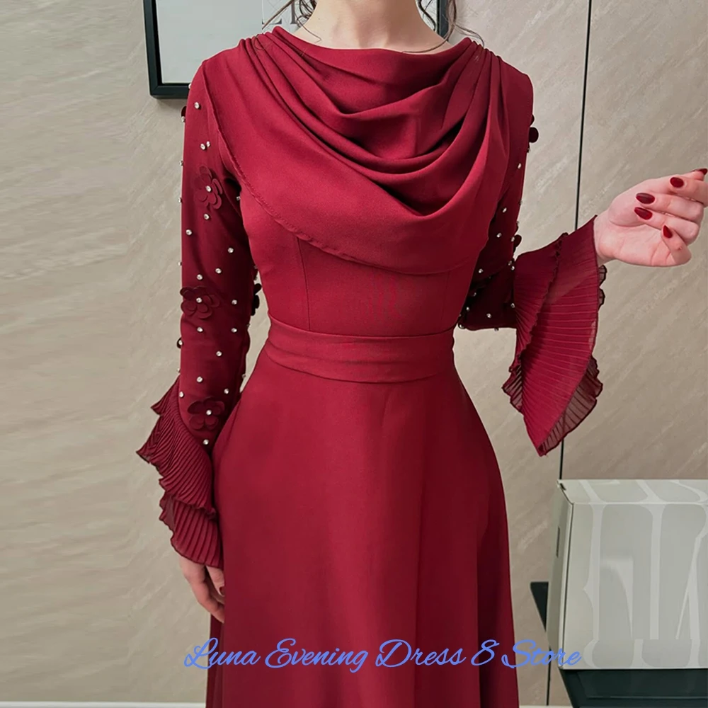 

Exquisite Burgundy Jersey Evening Dress Elegant Long Sleeves Customized Party Dresses Delicate Flowers Special Occasion Gowns