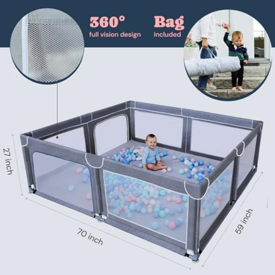 Box in rete extra large per neonati e bambini piccoli 70 x 59 pollici grigio Ideale per sale giochi da interno e da viaggio Tessuto bue resistente agli strappi con