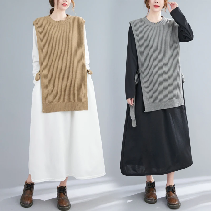 

Autumn Long Knitted Dr And Vest Set Pure Color round Ne Long Sve Striped Loose Faionable Women's Clothing Set