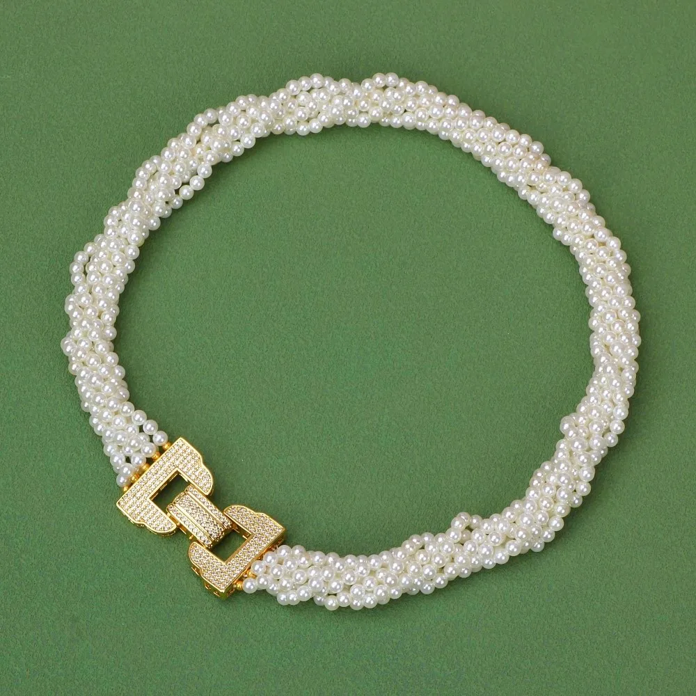 Natural 5 Strands Freshwater Cultured White Pearl Necklace CZ Cubic Zirconia Connector Necklace