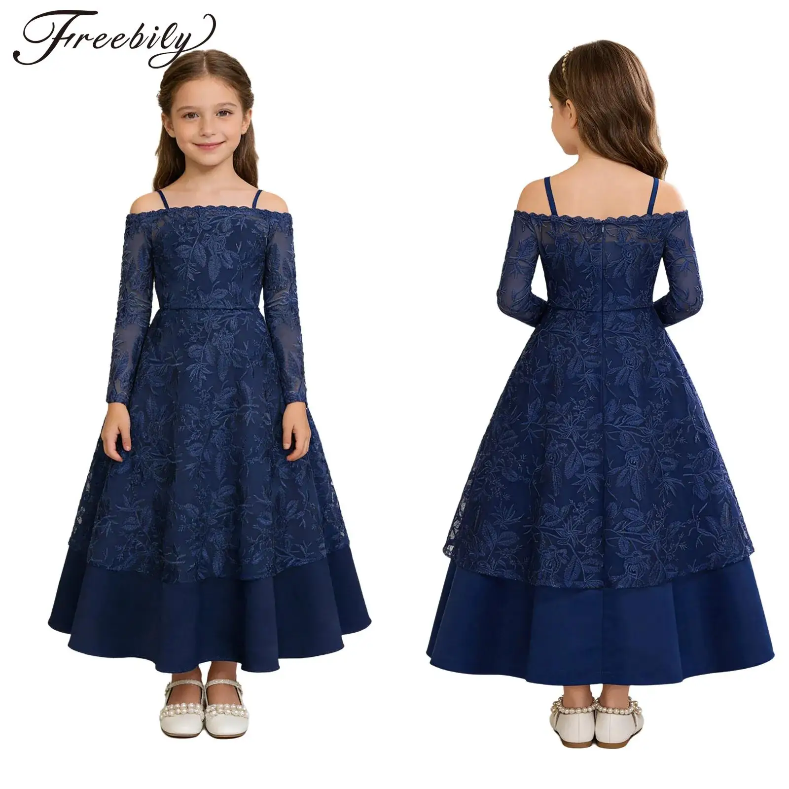 Kids Girls Bridesmaid Flower Girl Dress Embroidered Lace Cold Shoulder Maxi Dresses Gown for Wedding Birthday Pageant Party