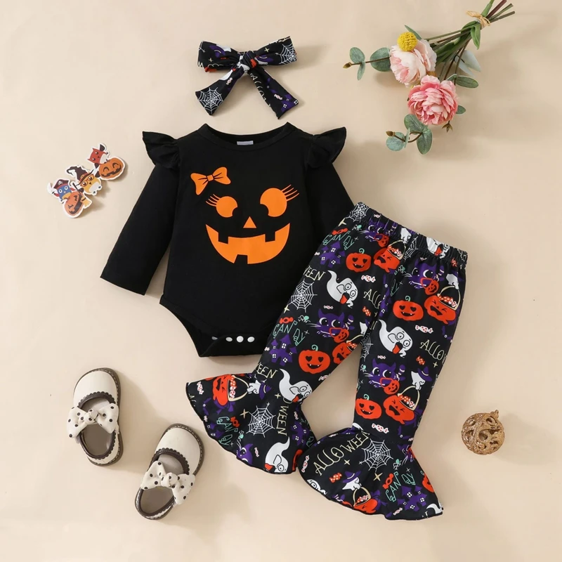 Baby Girl Halloween Outfits Pumpkin Face Print Long Sleeve Romper Ghost Print Flare Pants Headband 3Pcs Clothes Set