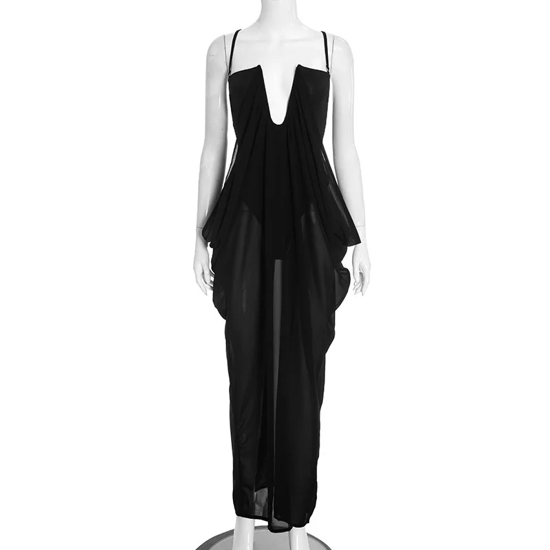 Damen Elegantes Rotes Maxikleid mit Spaghettiträgern, tiefem Schlüsselloch-Ausschnitt vorne, seitlichem Cut-Out und Overlay – Zweiteiliges Sommer-Abendkleid – Detail 3