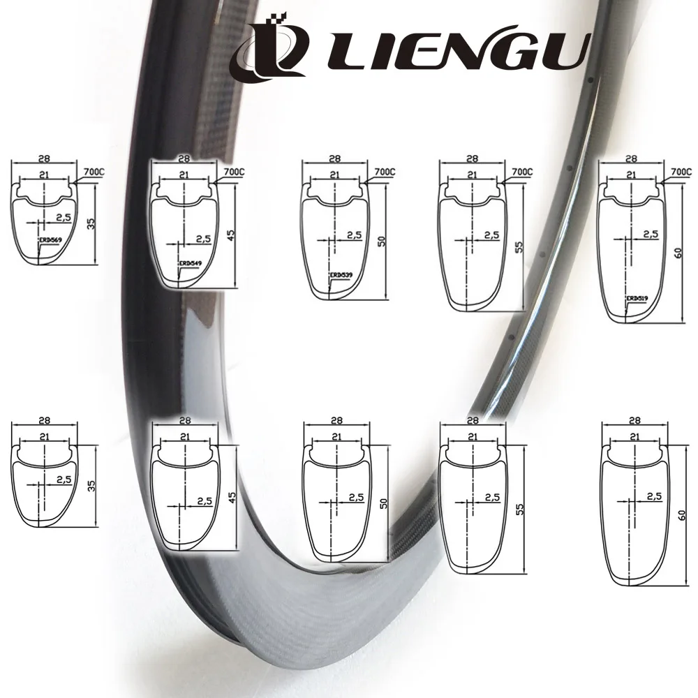 

LIENGU Road Bicycle 700C Carbon Rim Disc Brake 35mm 45mm 50mm 55mm 60mm Depth Clincher Tubeless Tapeless Only Valve Hole