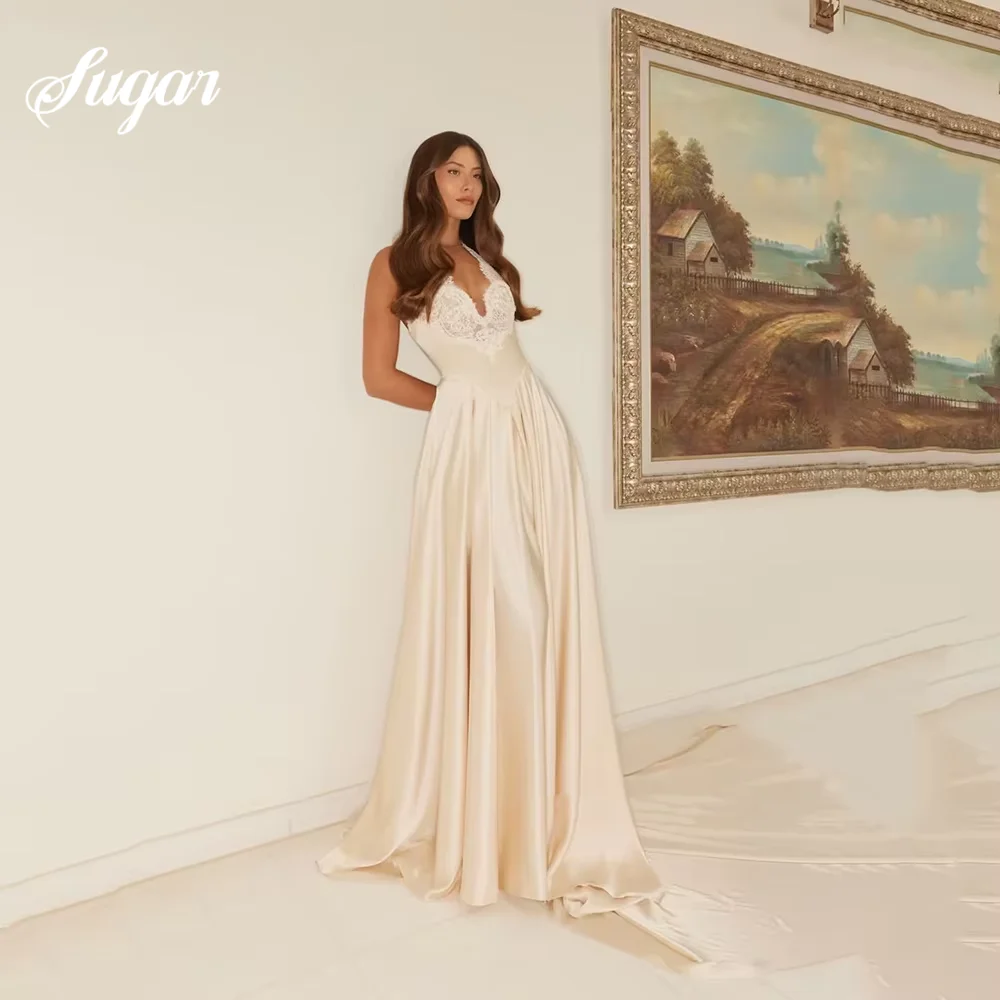 lvory Satin A Line V-Neck Weddng Dress Halter Lace Maxi Bridal Gowns Elegant Backless Modern Bride Dresses 2027 Customized