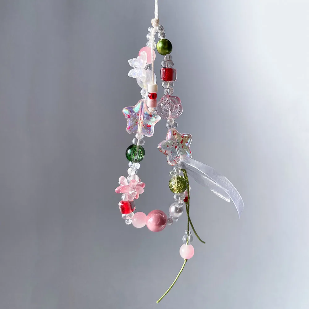 Red Star Phone Charm Strap Green Pink Glass Flower Butterfly Beads Fairycore Jewelry Camera Car Key Decor Cute Gift for Girl