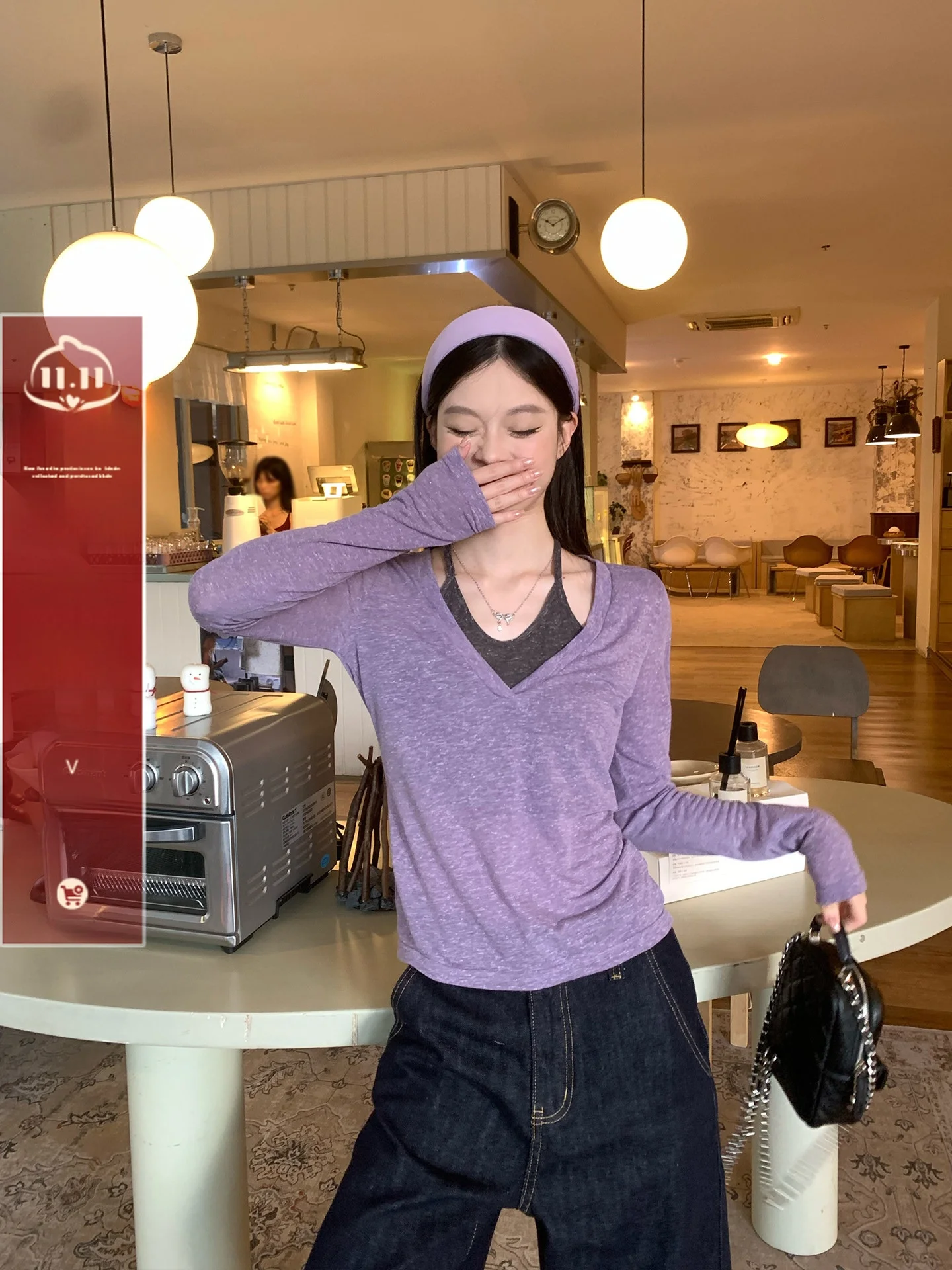 Purple Long Sleeve Slim Fit T-Shirt Women's Early Autumn Korean Design Good Looking Inner Wear Commute Style Standard Size