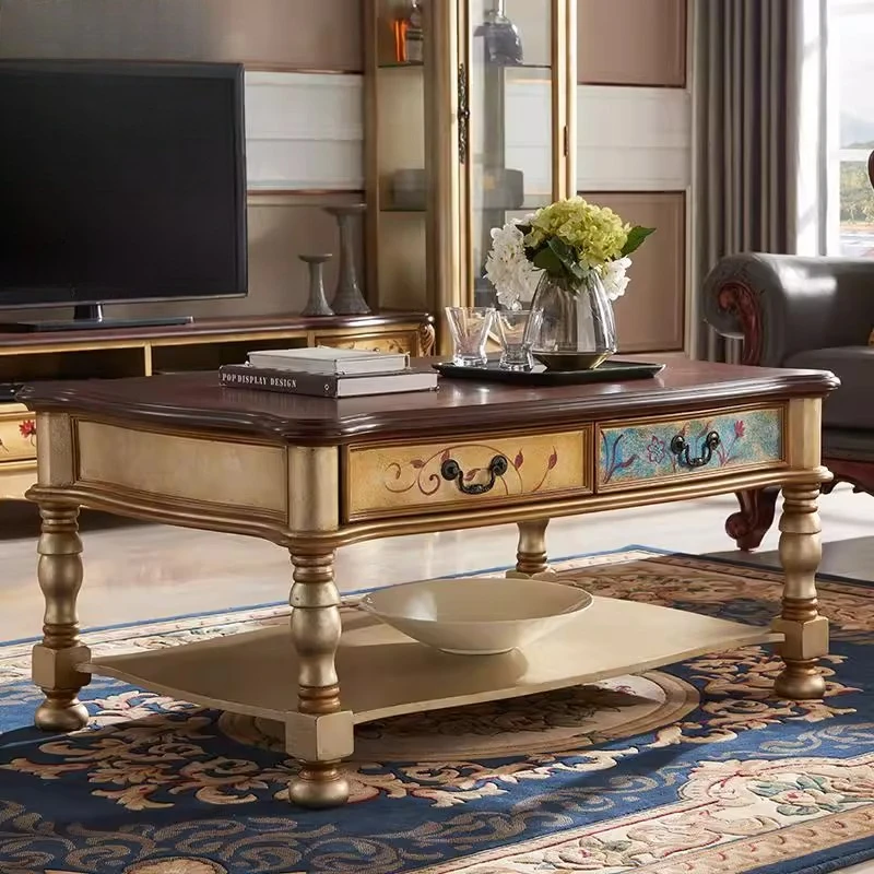

American Mediterranean painted solid wood gold white TV cabinet coffee table wine cabinet dining side cabinet sofa