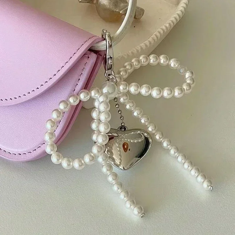 White Bowknot Heart Keychain Women Sweet Charm Pearl Bow Backpack Key Ring Handmade Jewelry Ornament Bags Fashion Pendants Gifts