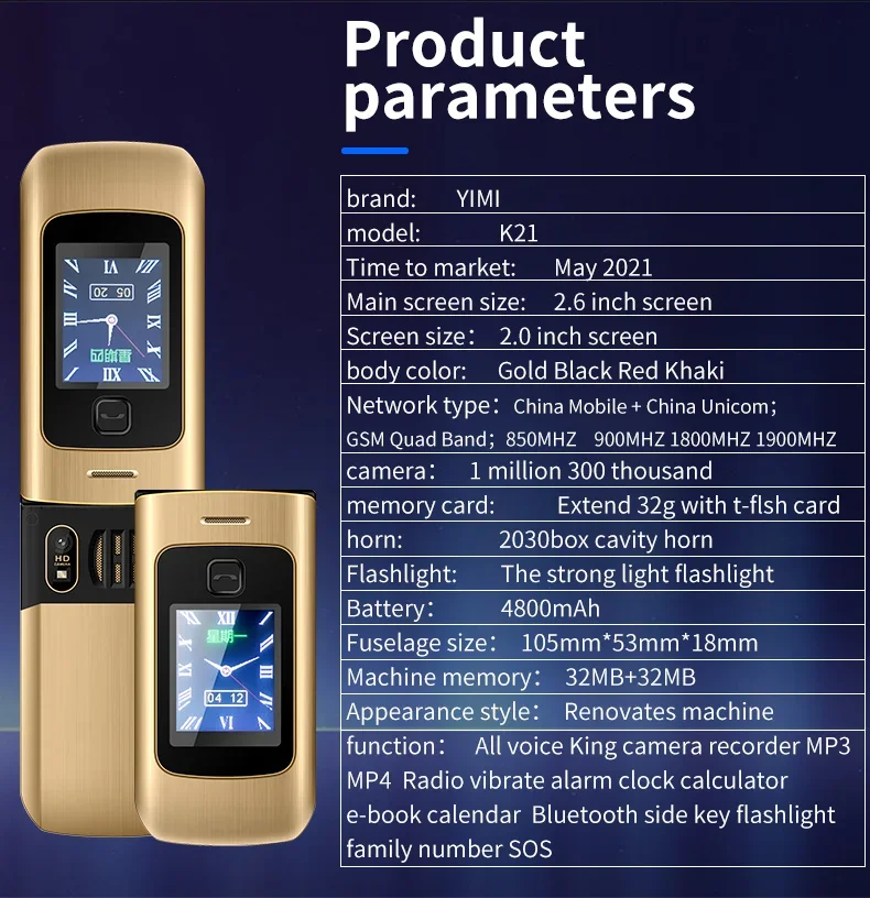 YeeMI K21+ 4G Flip Phone for Elderly Big Button Long Battery 2.6 Inch Screen 4800mAh Dual SIM Dual Screen Feature Phones Durable