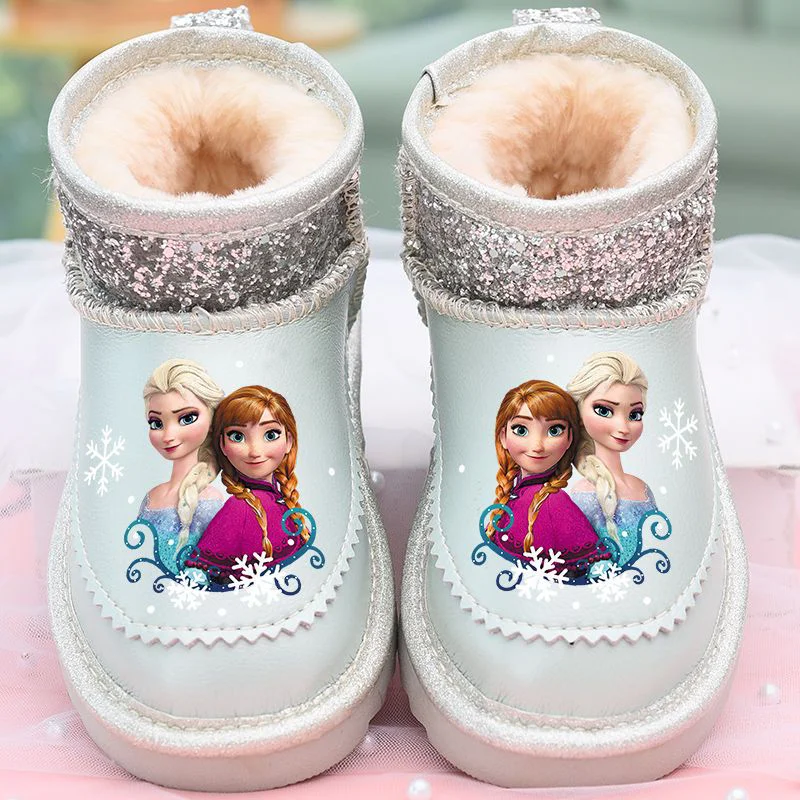 Disney Princess Girls Frozen Winter Snow Fur stivali in pelle scarpe da acqua antiscivolo viola rosa rosso scarpe calde taglia 26-37