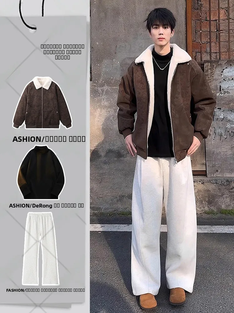 

Cool Men's Brown PU Leather Lamb Fur Jaet Cotton Winter Coat Set Youth Casual Faion Warm Long Sve Zipper Closure ...