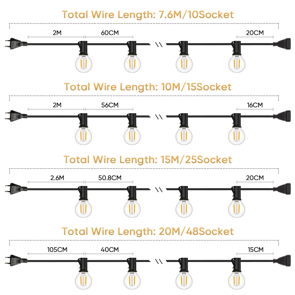 Lampu dekorasi Led, lampu String G40 tahan air 220V EU Plug, lampu Led, lampu dekorasi dapat terhubung, lampu luar ruangan, karangan bunga Retro pesta Vintage putih hangat