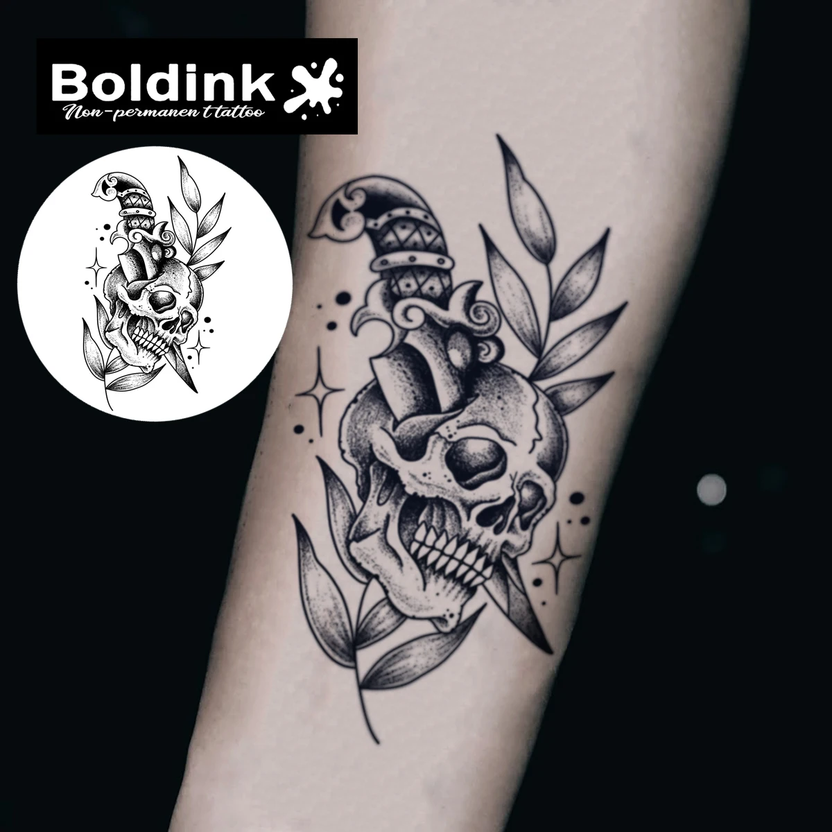 Boldink non-permanent tattoo technology dark skull dagger inspired design Gothic personalized tattoo waterproof for 1-2 weeks.