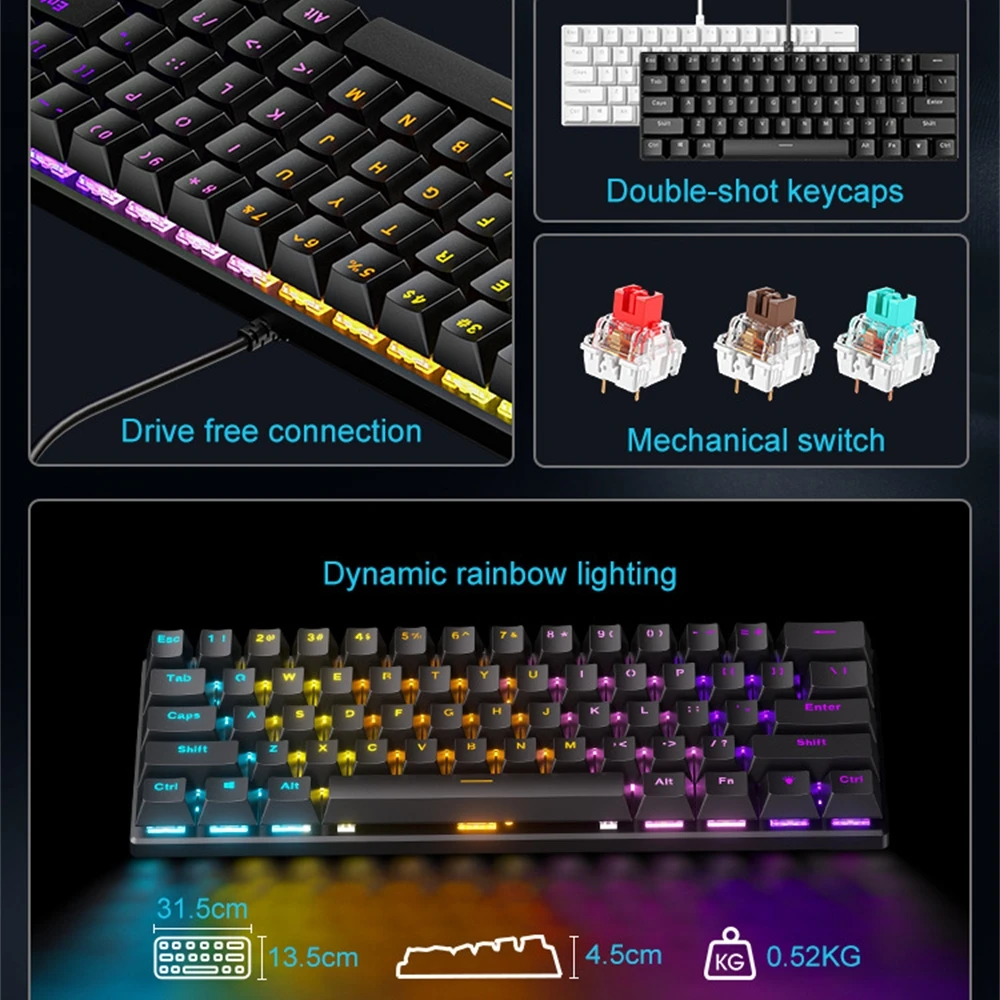 Russian Mechanical Keyboard 60% Layout Small Size Russian Keyboard Rainbow Lighting Double-shot Keycaps USB Wired BD61 Gaming Ke