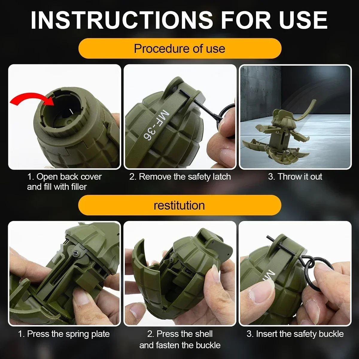 W2PCS MF-36 Hand Grenades Plastic Toy Dummy Grenade Model Tactcial Airsoft Paintball Role Play Prop