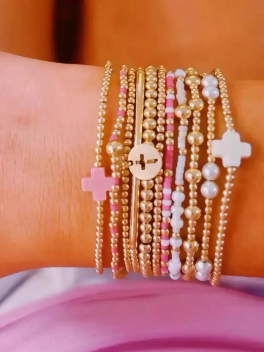 13pcs Women's Cross Bracelet Set, Colorful Beads, CCB Beads, Faux Pearl Multi-Layer Elastic Bracelets, Birthday Gift