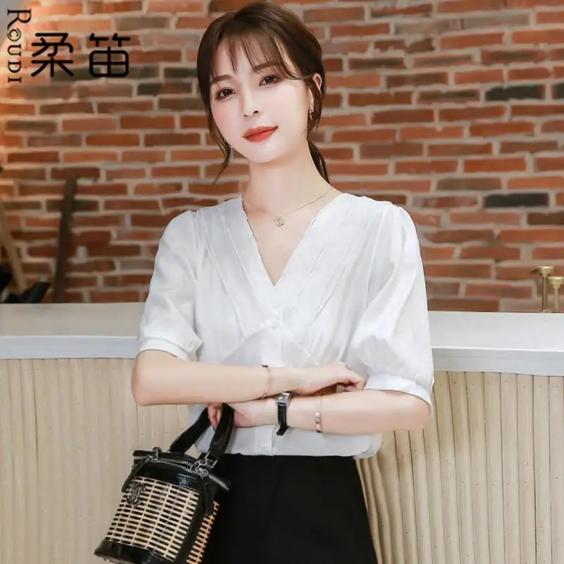 

Button Chiffon Solid Elegant Blouse Summer New Thin V Neck Simplicity Temperament Shirt Tops Fashion Korean Trend Women Clothing