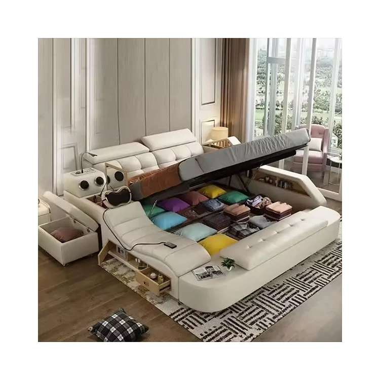 For Modern Multifunctional Wooden Massage Bed High Genuine Leather Tech Smart  Ultimate Tatami Beds Bluetooth Speaker