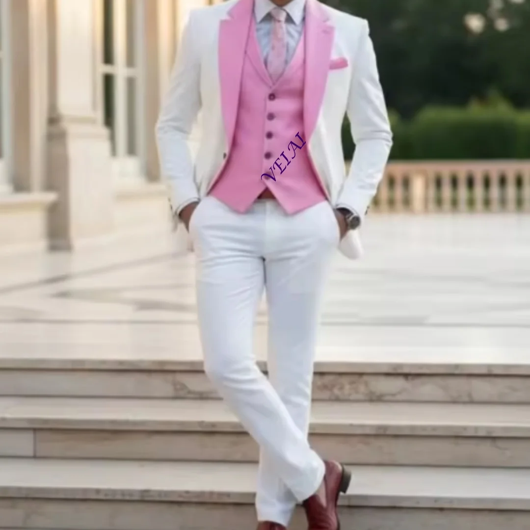 Customized Slim Fit Men 3 Pieces Contrast Color Suit White Jacket Pink Lapel & Vest Wedding Groom Formal Prom Blazer Tuxedo