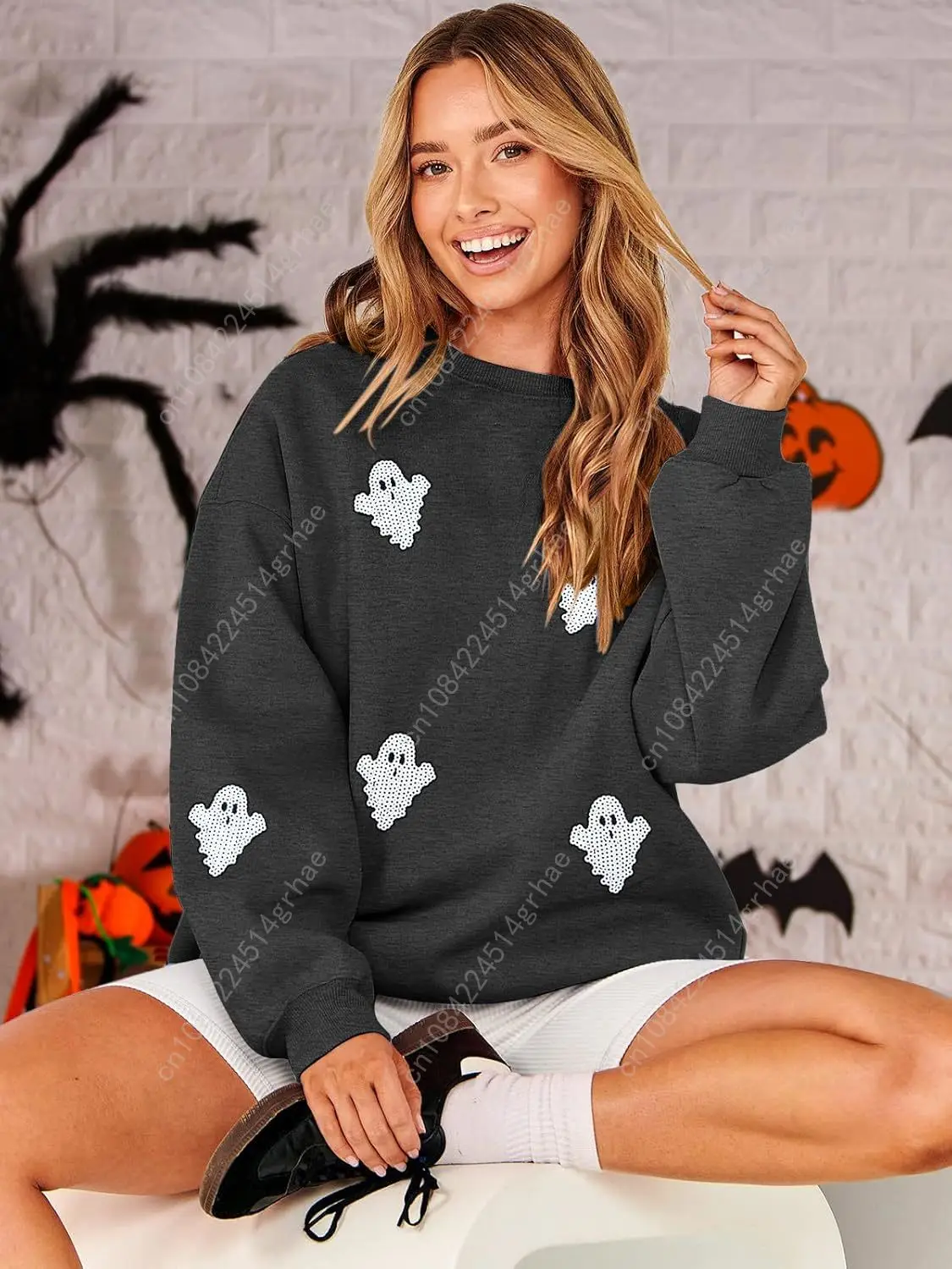 Women Halloween Sweatshirt Oversized Sequin Ghost Shirts Spooky Season Halloween Sweater Crewneck Fall Pullover Tops