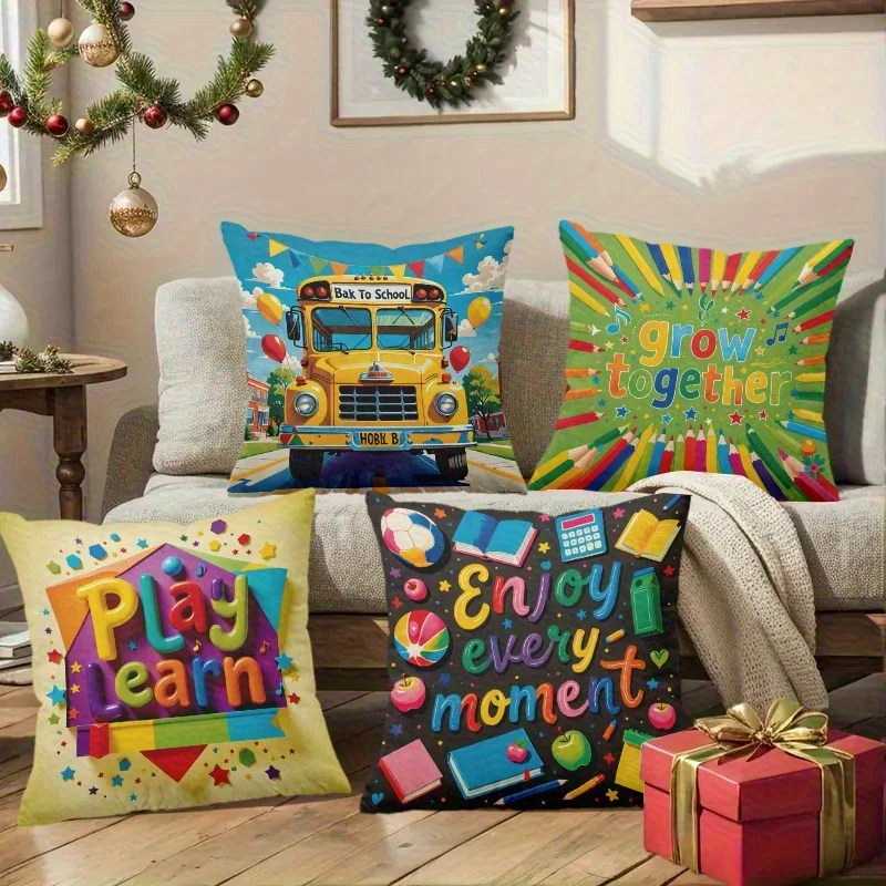 Set of 4 Printed Pillow Covers for Nursery Kids Back to School Educational Decorative Throw Cushion Learning Theme Decor