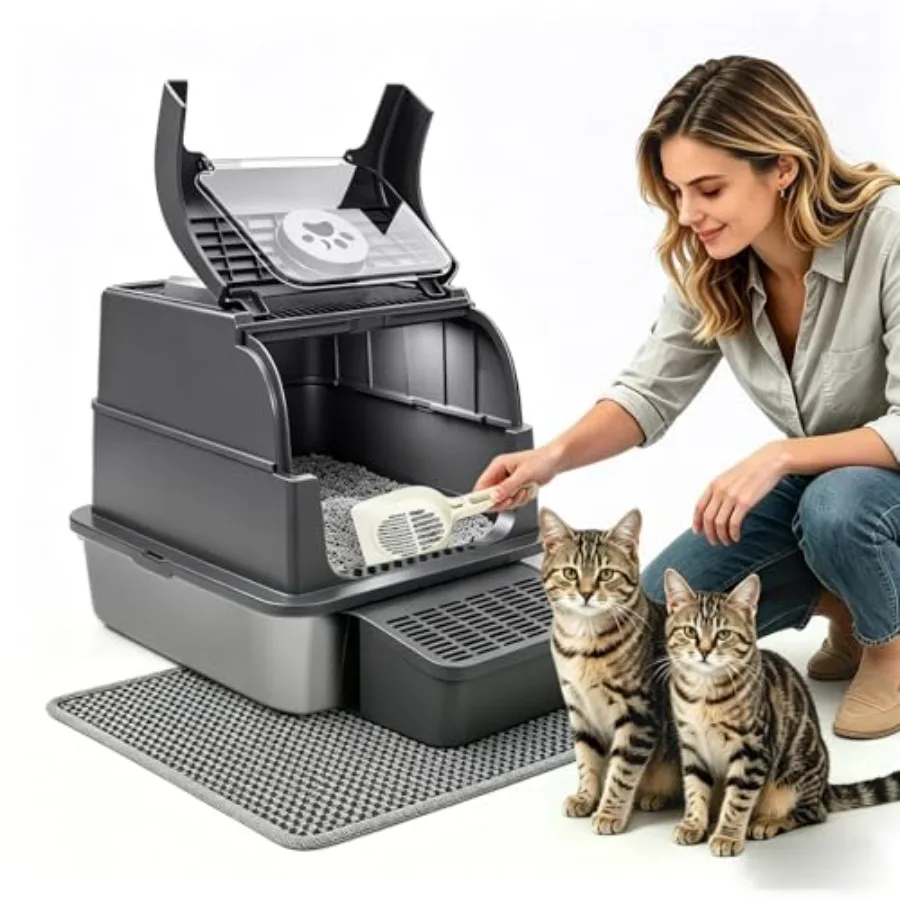 

XXL Stainless Steel Cat Litter Box with Flip-Top Lid for Easy Scooping, 2-Way Exit Anti-Tracking Litter Mat, Extra Deep High Si