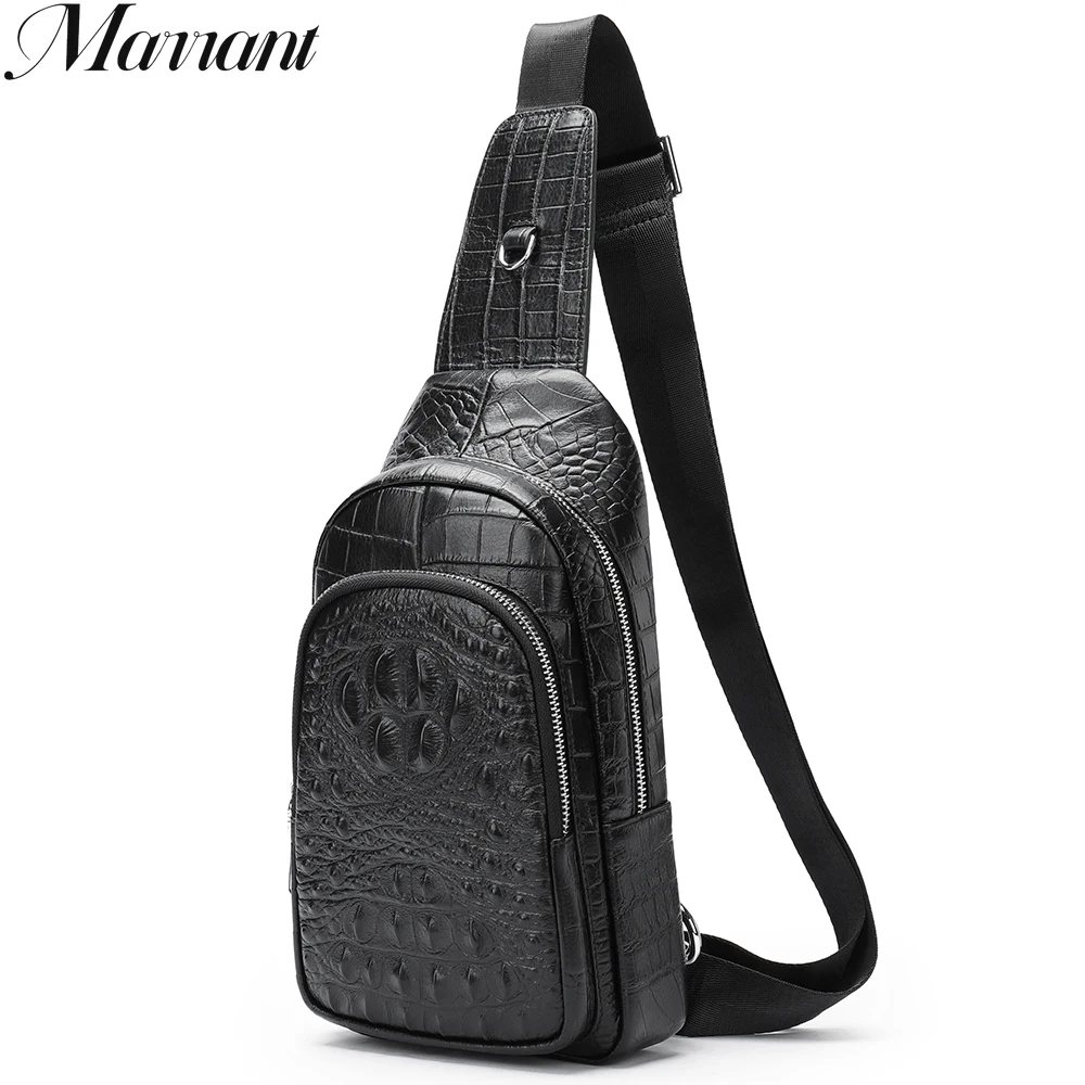 Genuine Leather Sling Bag Anti-Thief Crossbody Bags Chest Pack Man Shoulder Bag For Sport Crocodile Pattern Headphone Hole