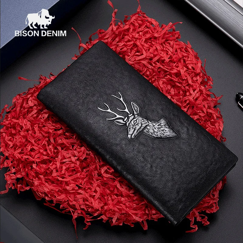 بيسون الدنيم الرجال محفظة طويلة موضة حامل بطاقة جديدة متعددة الوظائف الشباب جلد طبيعي الأعمال محفظة 2025 محفظة جديدة هدية