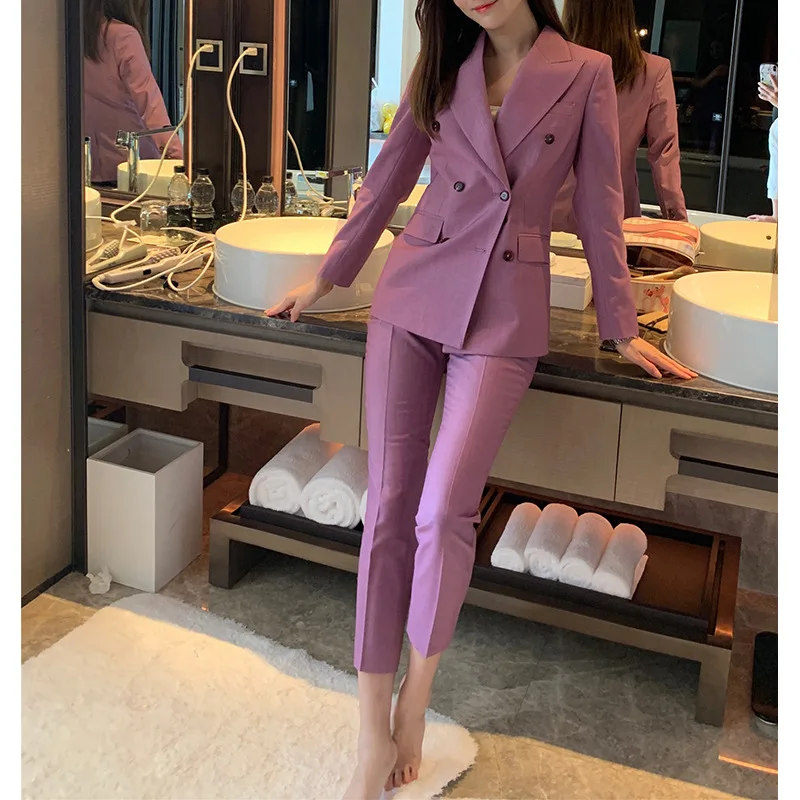 Women Slim Pink Purple Suits Jackets Fashion Blazer Casual Suit Double Breasted Flap Pocket Matching Set Pants Luxury Workwear